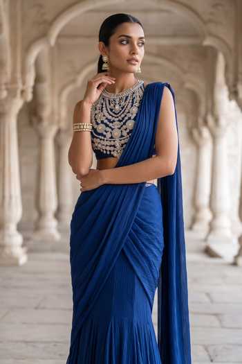 Buy Aneesh Agarwaal Blue Satin, Chiffon, Organza High Neck Neel Dipti Pre-draped Saree With Blouse Online at Aza Fashions Buy_Aneesh Agarwaal_Blue Satin, Chiffon, Organza High Neck Neel Dipti Pre-draped Saree With Blouse _Online_at_Aza_Fashions