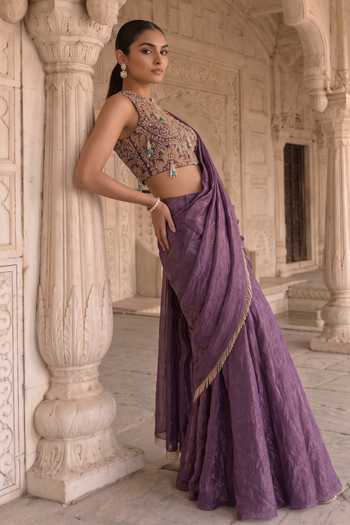 Aneesh Agarwaal Purple Silk, Tissue High Neck Draksh Rani Pre-draped Saree With Blouse Online at Aza Fashions Aneesh Agarwaal_Purple Silk, Tissue High Neck Draksh Rani Pre-draped Saree With Blouse _Online_at_Aza_Fashions