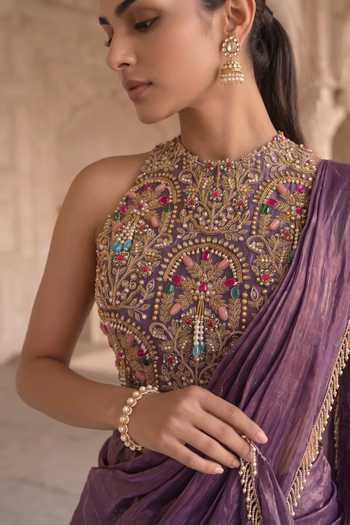 Buy Aneesh Agarwaal Purple Silk, Tissue High Neck Draksh Rani Pre-draped Saree With Blouse Online at Aza Fashions Buy_Aneesh Agarwaal_Purple Silk, Tissue High Neck Draksh Rani Pre-draped Saree With Blouse _Online_at_Aza_Fashions