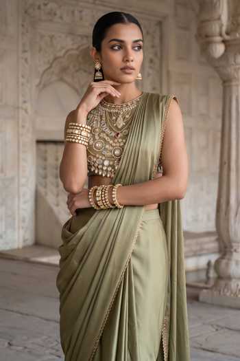 Aneesh Agarwaal Olive Green Satin, Organza Kanan Kanti Pre-draped Saree With Blouse Online at Aza Fashions Aneesh Agarwaal_Olive Green Satin, Organza Kanan Kanti Pre-draped Saree With Blouse _Online_at_Aza_Fashions