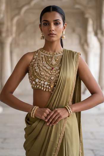 Buy Aneesh Agarwaal Olive Green Satin, Organza Kanan Kanti Pre-draped Saree With Blouse Online at Aza Fashions Buy_Aneesh Agarwaal_Olive Green Satin, Organza Kanan Kanti Pre-draped Saree With Blouse _Online_at_Aza_Fashions