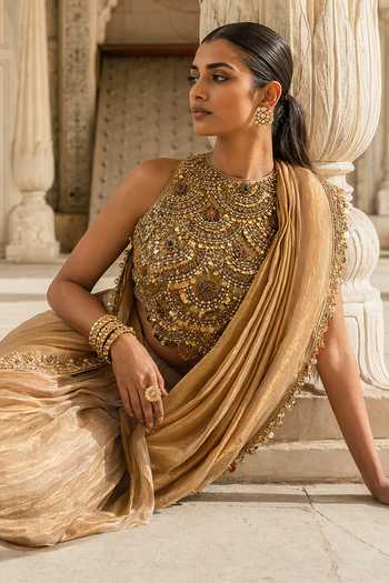 Aneesh Agarwaal_Gold Silk, Tissue High Neck Kanakavali Draped Lehenga Saree Set _Online_at_Aza_Fashions
