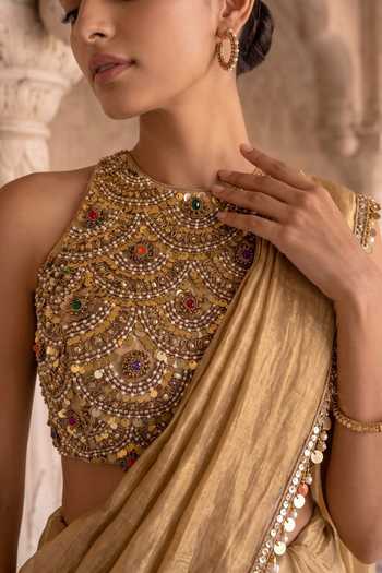 Buy_Aneesh Agarwaal_Gold Silk, Tissue High Neck Kanakavali Draped Lehenga Saree Set _Online_at_Aza_Fashions