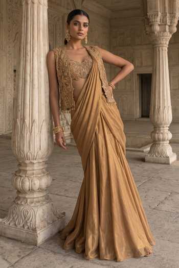Aneesh Agarwaal Gold Net, Tissue Open Neck, Sweetheart Kachanabari Jacket And Pre-draped Saree Set Online at Aza Fashions Aneesh Agarwaal_Gold Net, Tissue Open Neck, Sweetheart Kachanabari Jacket And Pre-draped Saree Set _Online_at_Aza_Fashions