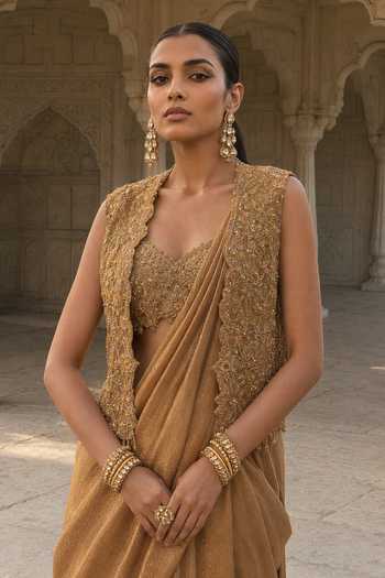 Buy Aneesh Agarwaal Gold Net, Tissue Open Neck, Sweetheart Kachanabari Jacket And Pre-draped Saree Set Online at Aza Fashions Buy_Aneesh Agarwaal_Gold Net, Tissue Open Neck, Sweetheart Kachanabari Jacket And Pre-draped Saree Set _Online_at_Aza_Fashions