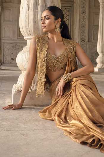 Shop Aneesh Agarwaal Gold Net, Tissue Open Neck, Sweetheart Kachanabari Jacket And Pre-draped Saree Set Online at Aza Fashions Shop_Aneesh Agarwaal_Gold Net, Tissue Open Neck, Sweetheart Kachanabari Jacket And Pre-draped Saree Set _Online_at_Aza_Fashions