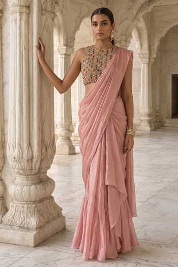 Aneesh Agarwaal Peach Silk, Tissue High Neck Mridula Raga Pre-draped Saree With Blouse Online at Aza Fashions Aneesh Agarwaal_Peach Silk, Tissue High Neck Mridula Raga Pre-draped Saree With Blouse _Online_at_Aza_Fashions
