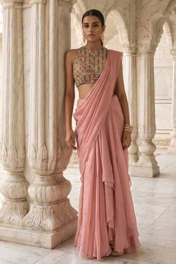 Shop Aneesh Agarwaal Peach Silk, Tissue High Neck Mridula Raga Pre-draped Saree With Blouse Online at Aza Fashions Shop_Aneesh Agarwaal_Peach Silk, Tissue High Neck Mridula Raga Pre-draped Saree With Blouse _Online_at_Aza_Fashions