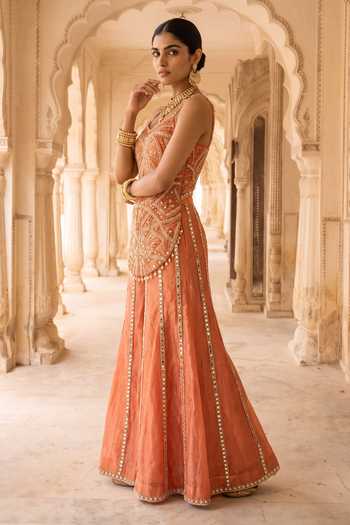 Aneesh Agarwaal Orange Silk, Tissue Square Neck Kesariya Baag Embroidered Kurta And Sharara Set Online at Aza Fashions Aneesh Agarwaal_Orange Silk, Tissue Square Neck Kesariya Baag Embroidered Kurta And Sharara Set _Online_at_Aza_Fashions