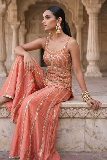 Buy Aneesh Agarwaal Orange Silk, Tissue Square Neck Kesariya Baag Embroidered Kurta And Sharara Set Online at Aza Fashions Buy_Aneesh Agarwaal_Orange Silk, Tissue Square Neck Kesariya Baag Embroidered Kurta And Sharara Set _Online_at_Aza_Fashions