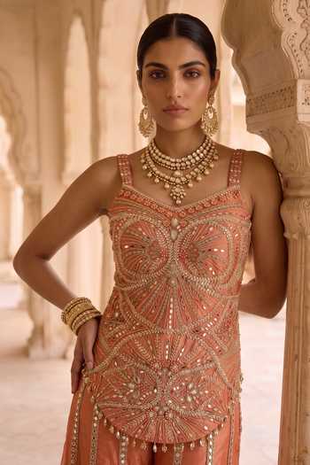 Shop Aneesh Agarwaal Orange Silk, Tissue Square Neck Kesariya Baag Embroidered Kurta And Sharara Set Online at Aza Fashions Shop_Aneesh Agarwaal_Orange Silk, Tissue Square Neck Kesariya Baag Embroidered Kurta And Sharara Set _Online_at_Aza_Fashions