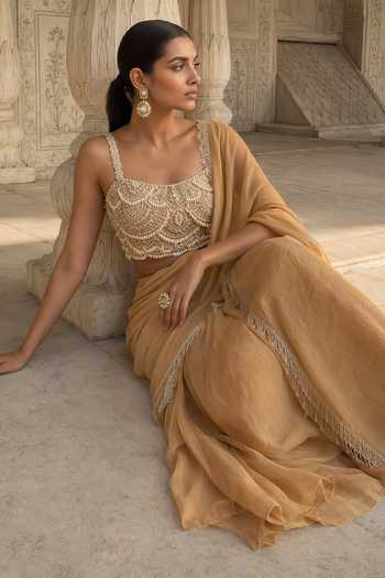 Aneesh Agarwaal Gold Silk, Tissue Square Neck Muktavali Pre-draped Saree With Blouse Online at Aza Fashions Aneesh Agarwaal_Gold Silk, Tissue Square Neck Muktavali Pre-draped Saree With Blouse _Online_at_Aza_Fashions