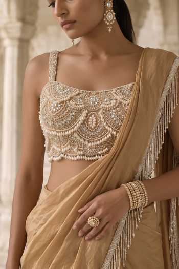 Buy Aneesh Agarwaal Gold Silk, Tissue Square Neck Muktavali Pre-draped Saree With Blouse Online at Aza Fashions Buy_Aneesh Agarwaal_Gold Silk, Tissue Square Neck Muktavali Pre-draped Saree With Blouse _Online_at_Aza_Fashions