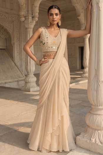 Aneesh Agarwaal Zari Chaya Layered Pre-Draped Saree With Blouse