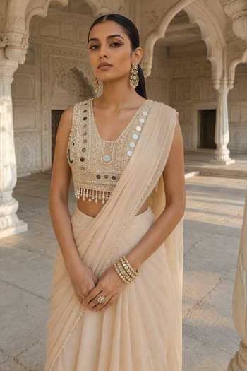 Aneesh Agarwaal Ivory Organza, Chiffon, Tissue Zari Chaya Layered Pre-draped Saree With Blouse Online at Aza Fashions Aneesh Agarwaal_Ivory Organza, Chiffon, Tissue Zari Chaya Layered Pre-draped Saree With Blouse _Online_at_Aza_Fashions