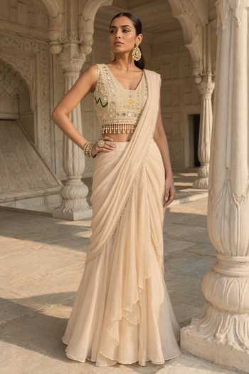 Buy Aneesh Agarwaal Ivory Organza, Chiffon, Tissue Zari Chaya Layered Pre-draped Saree With Blouse Online at Aza Fashions Buy_Aneesh Agarwaal_Ivory Organza, Chiffon, Tissue Zari Chaya Layered Pre-draped Saree With Blouse _Online_at_Aza_Fashions