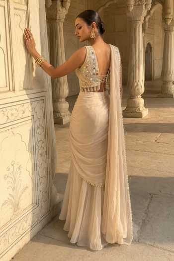 Aneesh Agarwaal Zari Chaya Layered Pre-Draped Saree With Blouse