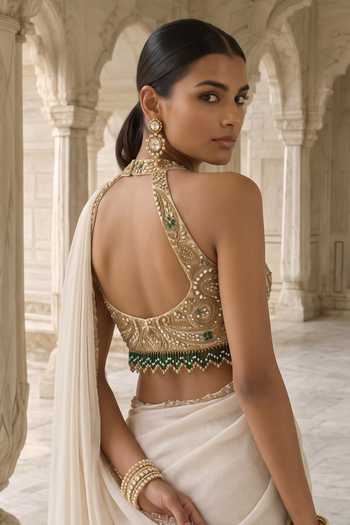 Aneesh Agarwaal Ivory Silk, Tissue High Neck Heera Bag Pre-draped Saree With Blouse Online at Aza Fashions Aneesh Agarwaal_Ivory Silk, Tissue High Neck Heera Bag Pre-draped Saree With Blouse _Online_at_Aza_Fashions