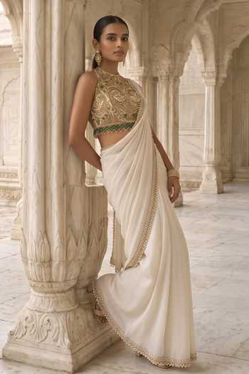 Buy Aneesh Agarwaal Ivory Silk, Tissue High Neck Heera Bag Pre-draped Saree With Blouse Online at Aza Fashions Buy_Aneesh Agarwaal_Ivory Silk, Tissue High Neck Heera Bag Pre-draped Saree With Blouse _Online_at_Aza_Fashions