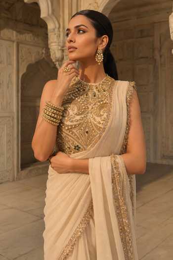 Shop Aneesh Agarwaal Ivory Silk, Tissue High Neck Heera Bag Pre-draped Saree With Blouse Online at Aza Fashions Shop_Aneesh Agarwaal_Ivory Silk, Tissue High Neck Heera Bag Pre-draped Saree With Blouse _Online_at_Aza_Fashions