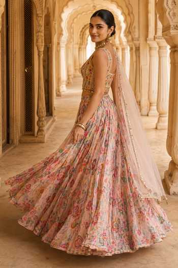 Aneesh Agarwaal_Peach Chiffon, Chinon, Organza, Net Square Bagh-e-bahar Chintz Print Lehenga Set _Online_at_Aza_Fashions
