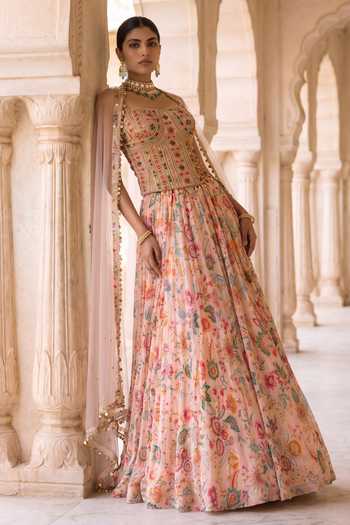 Buy_Aneesh Agarwaal_Peach Chiffon, Chinon, Organza, Net Square Bagh-e-bahar Chintz Print Lehenga Set _Online_at_Aza_Fashions