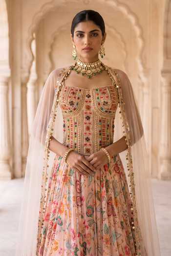 Shop_Aneesh Agarwaal_Peach Chiffon, Chinon, Organza, Net Square Bagh-e-bahar Chintz Print Lehenga Set _Online_at_Aza_Fashions