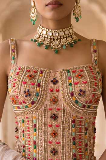 Aneesh Agarwaal_Peach Chiffon, Chinon, Organza, Net Square Bagh-e-bahar Chintz Print Lehenga Set _at_Aza_Fashions