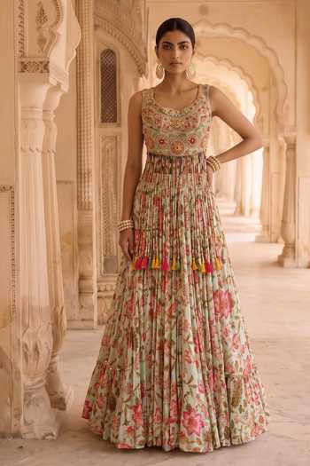 Aneesh Agarwaal_Blue Chiffon, Organza, Net Round Neck Phoolwari Chintz Print Lehenga Set _Online_at_Aza_Fashions