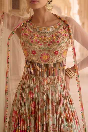 Buy_Aneesh Agarwaal_Blue Chiffon, Organza, Net Round Neck Phoolwari Chintz Print Lehenga Set _Online_at_Aza_Fashions