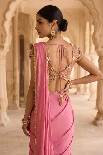 Aneesh Agarwaal Pink Silk, Tissue V-neck Rani Kalash Pre-draped Saree With Blouse Online at Aza Fashions Aneesh Agarwaal_Pink Silk, Tissue V-neck Rani Kalash Pre-draped Saree With Blouse _Online_at_Aza_Fashions
