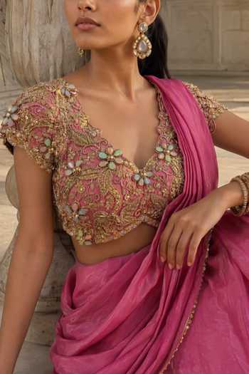 Buy Aneesh Agarwaal Pink Silk, Tissue V-neck Rani Kalash Pre-draped Saree With Blouse Online at Aza Fashions Buy_Aneesh Agarwaal_Pink Silk, Tissue V-neck Rani Kalash Pre-draped Saree With Blouse _Online_at_Aza_Fashions