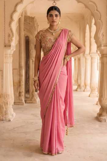 Shop Aneesh Agarwaal Pink Silk, Tissue V-neck Rani Kalash Pre-draped Saree With Blouse Online at Aza Fashions Shop_Aneesh Agarwaal_Pink Silk, Tissue V-neck Rani Kalash Pre-draped Saree With Blouse _Online_at_Aza_Fashions