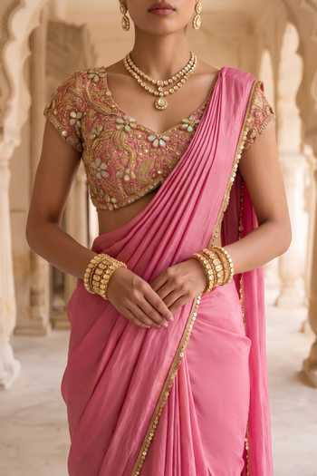 Aneesh Agarwaal Pink Silk, Tissue V-neck Rani Kalash Pre-draped Saree With Blouse at Aza Fashions Aneesh Agarwaal_Pink Silk, Tissue V-neck Rani Kalash Pre-draped Saree With Blouse _at_Aza_Fashions