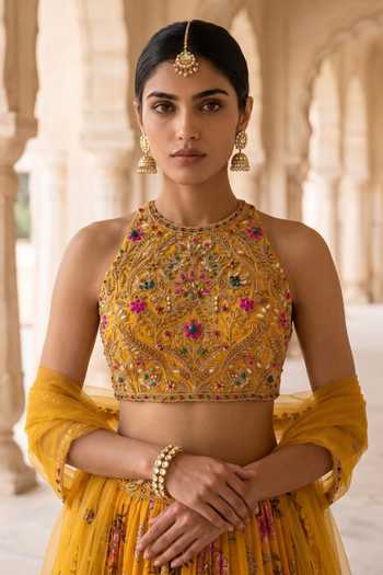 Aneesh Agarwaal_Yellow Chiffon, Chinon, Organza, Net High Genda Bag Cbintz Print Lehenga Set _Online_at_Aza_Fashions