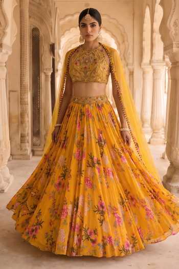 Buy_Aneesh Agarwaal_Yellow Chiffon, Chinon, Organza, Net High Genda Bag Cbintz Print Lehenga Set _Online_at_Aza_Fashions