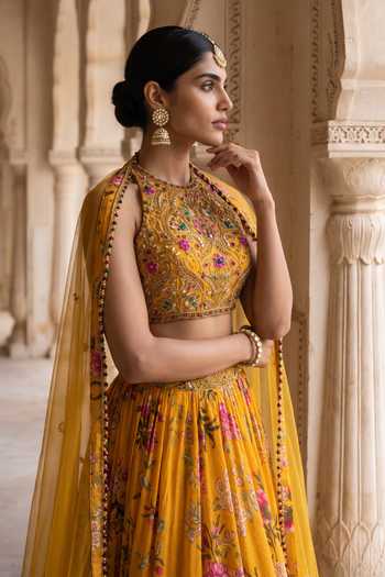 Shop_Aneesh Agarwaal_Yellow Chiffon, Chinon, Organza, Net High Genda Bag Cbintz Print Lehenga Set _Online_at_Aza_Fashions