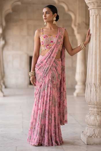 Aneesh Agarwaal_Pink Chiffon, Chinon Sweetheart Rani Kalash Printed Pre-draped Saree With Blouse _Online_at_Aza_Fashions