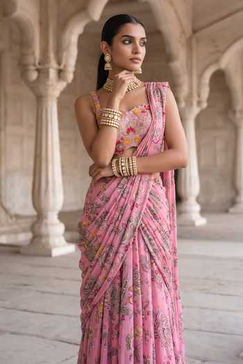 Buy_Aneesh Agarwaal_Pink Chiffon, Chinon Sweetheart Rani Kalash Printed Pre-draped Saree With Blouse _Online_at_Aza_Fashions