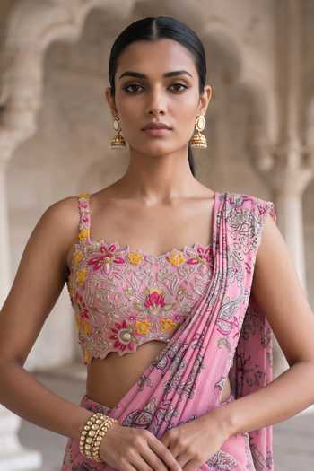 Shop_Aneesh Agarwaal_Pink Chiffon, Chinon Sweetheart Rani Kalash Printed Pre-draped Saree With Blouse _Online_at_Aza_Fashions