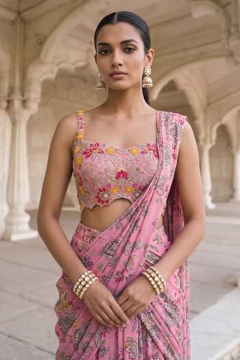 Aneesh Agarwaal_Pink Chiffon, Chinon Sweetheart Rani Kalash Printed Pre-draped Saree With Blouse _at_Aza_Fashions