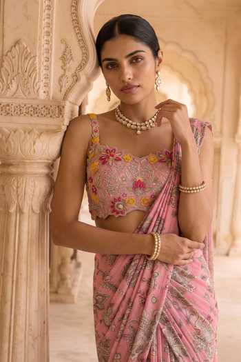 Buy_Aneesh Agarwaal_Pink Chiffon, Chinon Sweetheart Rani Kalash Printed Pre-draped Saree With Blouse 