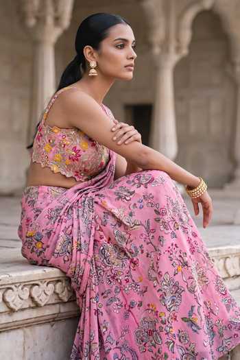 Shop_Aneesh Agarwaal_Pink Chiffon, Chinon Sweetheart Rani Kalash Printed Pre-draped Saree With Blouse 