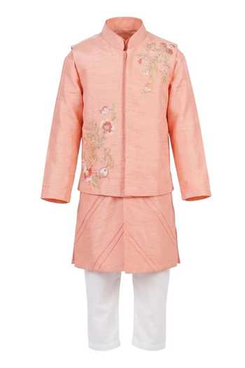 Arani Label_Peach Silk, Cotton, Twill Wild Orchard Nehru Jacket And Kurta Set _Online_at_Aza_Fashions