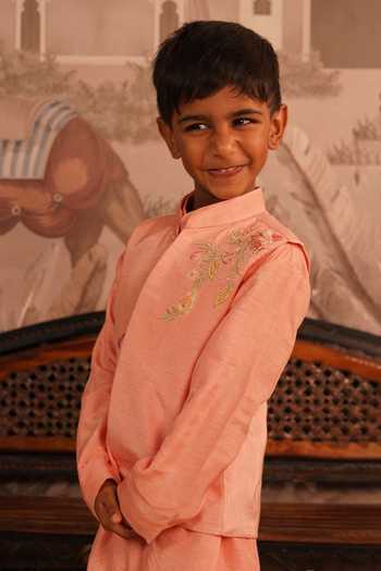 Buy_Arani Label_Peach Silk, Cotton, Twill Wild Orchard Nehru Jacket And Kurta Set _Online_at_Aza_Fashions