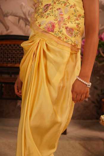 Arani Label_Yellow Satin, Modal Sunny Bird Top And Draped Skirt Set _Online_at_Aza_Fashions