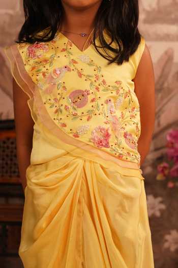 Buy_Arani Label_Yellow Satin, Modal Sunny Bird Top And Draped Skirt Set _Online_at_Aza_Fashions