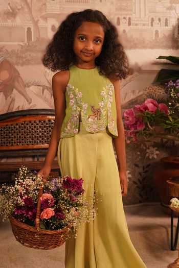 Buy_Arani Label_Green Muslin, Taffeta Forest Fawn Crop Top And Palazzo Set _Online_at_Aza_Fashions