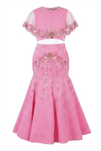 Arani Label Pink Satin, Net, Modal Alaya Border Embroidered Cape And Mermaid Skirt Set Online at Aza Fashions Arani Label_Pink Satin, Net, Modal Alaya Border Embroidered Cape And Mermaid Skirt Set _Online_at_Aza_Fashions