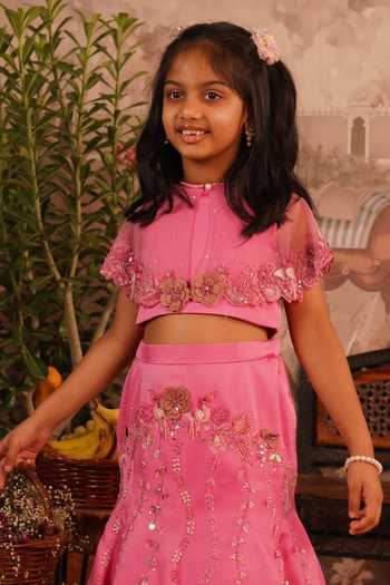 Buy_Arani Label_Pink Satin, Net, Modal Alaya Border Embroidered Cape And Mermaid Skirt Set 